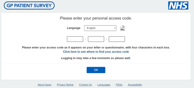An image showing the login screen for the GP Patient Survey An image showing the login screen for the GP Patient Survey